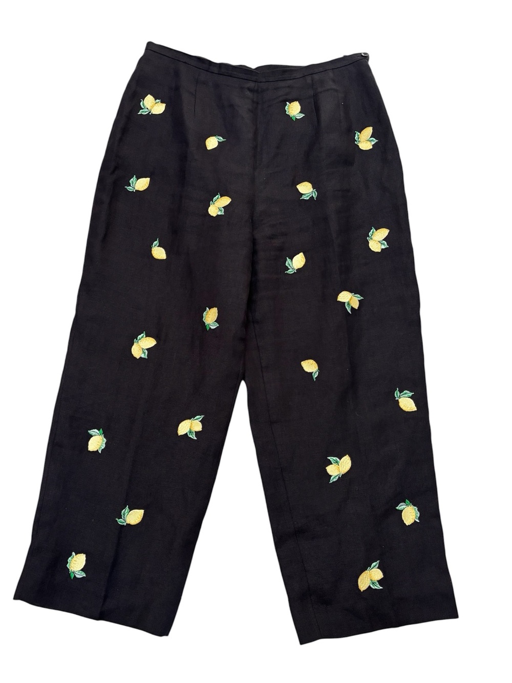Vintage Talbots Irish Linen Lemon Embroidered Pants Size 14 Crop Trouser Black